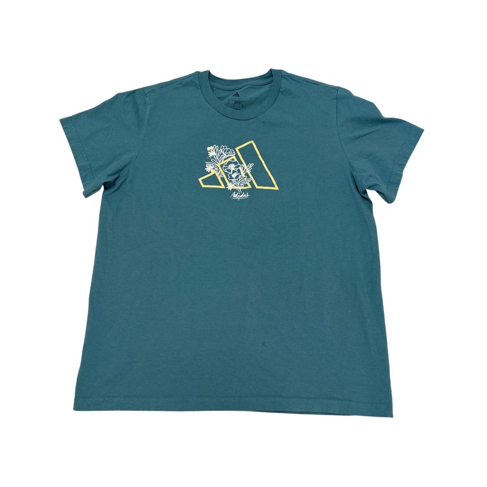Adidas Womens Floral Logo Graphic Tee Teal Green Short Sleeve Cotton Shirt L